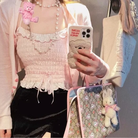 Pastel Pink Japanese Kawaii Style Cottage Lace Ruffle Ribbon Halter Crop Top